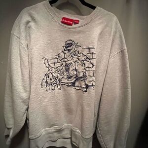 Supreme Light Gray Crewneck with Black Line Art Graphic